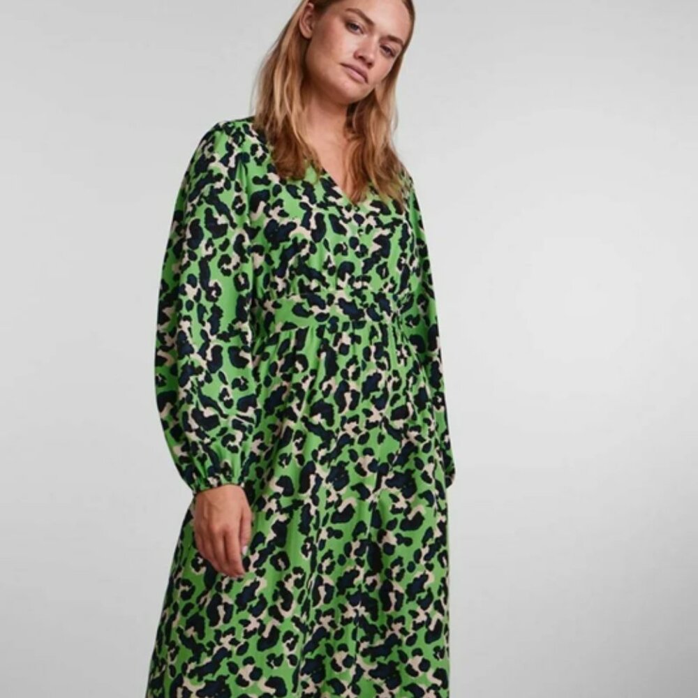 PIECES Neon Green & Blue Leopard-Print Rosette Midi Dress — XL